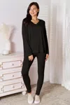 Fashnzfab Full Size V-neck Soft Rayon Long Sleeve Top And Pants Lounge Set In Black