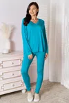 Fashnzfab Full Size V-neck Soft Rayon Long Sleeve Top And Pants Lounge Set In Blue