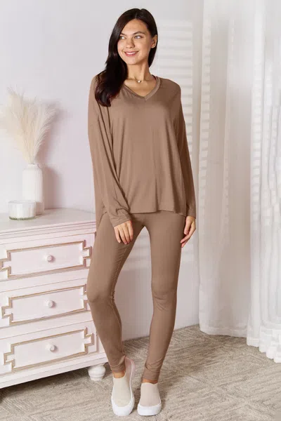 Fashnzfab Full Size V-neck Soft Rayon Long Sleeve Top And Pants Lounge Set In Brown