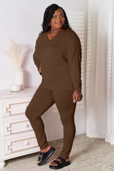 Fashnzfab Full Size V-neck Soft Rayon Long Sleeve Top And Pants Lounge Set In Gold
