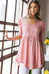 Fashnzfab Full Size Waffle Knit V-neck Babydoll Top In Multi
