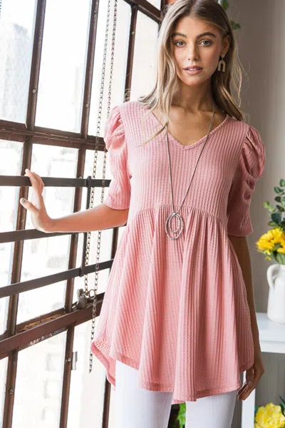 Fashnzfab Full Size Waffle Knit V-neck Babydoll Top In Multi