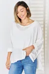 Fashnzfab Full Size Waffle Knit V-neck Long Sleeve Slit Top In Multi