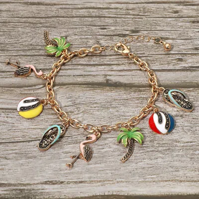 Fashnzfab Fun Tropical Palm Tree Flamingo Flip Flop Beach Ball Charm Station Bracelet In Silver