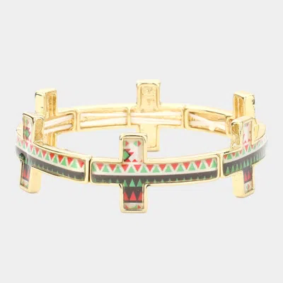 Fashnzfab Funky Lacquered Triangle Cross Stretch Bracelet Coral, Gold, Turquoise In Multi