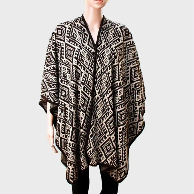 Fashnzfab Funky Tribal Acrylic Poncho In Black