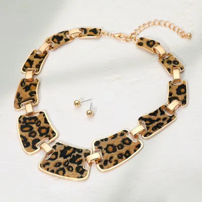 Fashnzfab Fur Leopard Pattern Plate Link Statement Necklace In Gold