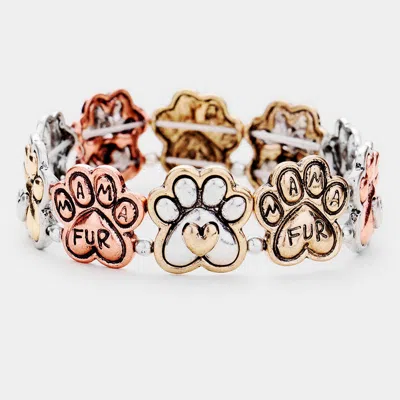 Fashnzfab Fur Mama Animal Paw Metal Stretch Bracelet Copper Burnished, Worn Gold, Worn Silver In Pink