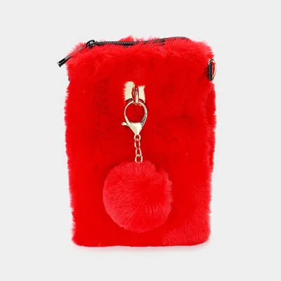 Fashnzfab Furry Faux Fur Pom Pom Clutch Bag In Red