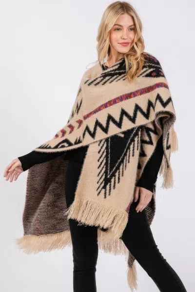 Fashnzfab Fuzzy Aztec Pattern Tassel Knit Ruana