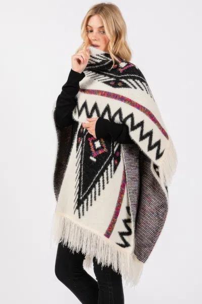 Fashnzfab Fuzzy Aztec Pattern Tassel Knit Ruana In Multi
