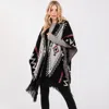 Fashnzfab Fuzzy Aztec Pattern Tassel Knit Ruana Poncho In Black