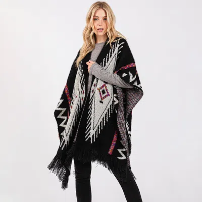 Fashnzfab Fuzzy Aztec Pattern Tassel Knit Ruana Poncho In Black