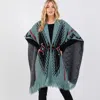 Fashnzfab Fuzzy Aztec Pattern Tassel Knit Ruana Poncho In Green