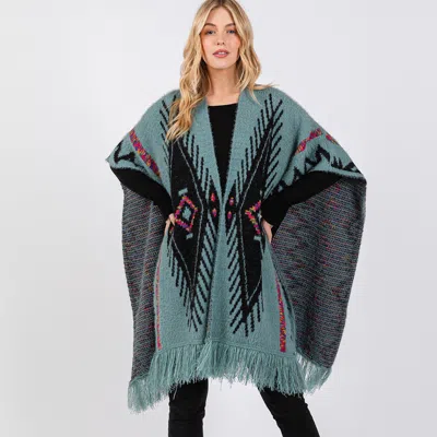 Fashnzfab Fuzzy Aztec Pattern Tassel Knit Ruana Poncho In Green