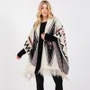 Fashnzfab Fuzzy Aztec Pattern Tassel Knit Ruana Poncho In Multi