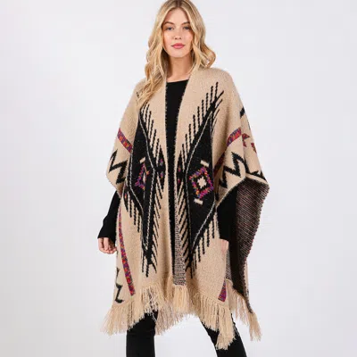 Fashnzfab Fuzzy Aztec Pattern Tassel Knit Ruana Poncho In Neutral