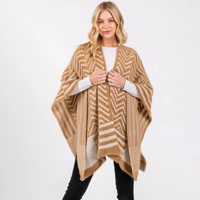 Fashnzfab Fuzzy Chevron Pattern Ruana Poncho In Gray