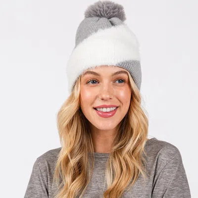 Fashnzfab Fuzzy Detailed Fleece Pom Pom Beanie Hat In Gray