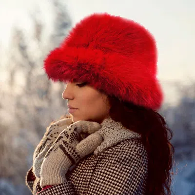 Fashnzfab Fuzzy Faux Fur Bucket Hat In Red
