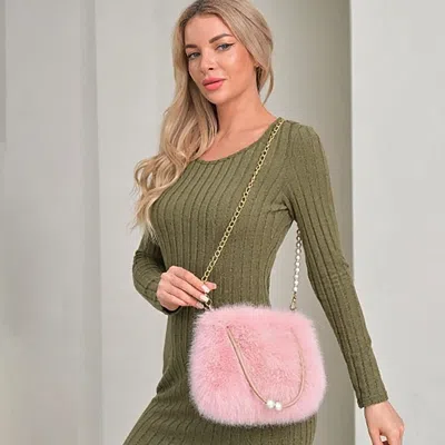 Fashnzfab Fuzzy Faux Fur Pearl Strap Handbag / Crossbody Bag In Pink