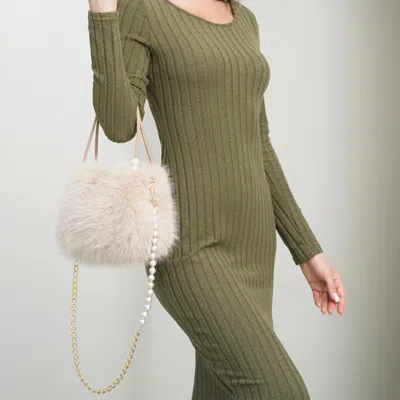 Fashnzfab Fuzzy Faux Fur Pearl Strap Handbag / Crossbody Bag In Sand