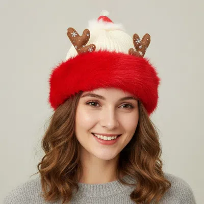 Fashnzfab Fuzzy Fur Antlers Accent Christmas Knit Beanie Hat In Gold