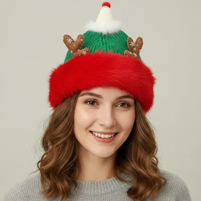 Fashnzfab Fuzzy Fur Antlers Accent Christmas Knit Beanie Hat In Green