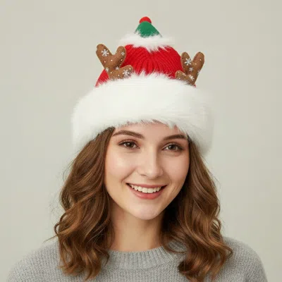 Fashnzfab Fuzzy Fur Antlers Accent Christmas Knit Beanie Hat In White