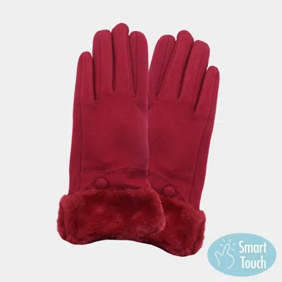 Fashnzfab Fuzzy Fur Collar Faux Suede Smart Touch Gloves In Red