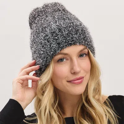 Fashnzfab Fuzzy Lurex Metallic Knit Winter Beanie Hat In Black
