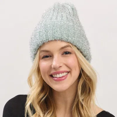 Fashnzfab Fuzzy Lurex Metallic Knit Winter Beanie Hat In Green