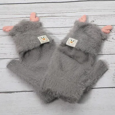 Fashnzfab Fuzzy Reindeer Ear Fingerless Flap Winter Gloves In Gray