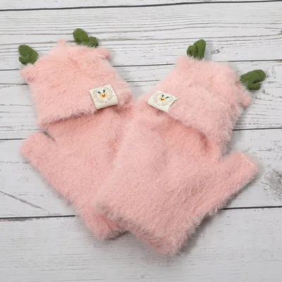 Fashnzfab Fuzzy Reindeer Ear Fingerless Flap Winter Gloves In Pink