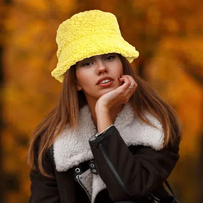Fashnzfab Fuzzy Sherpa Bucket Hat In Yellow