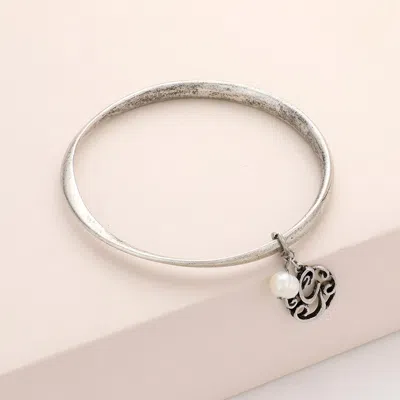 Fashnzfab -g- Initial Monogram Pearl Charm Bangle Bracelet In Metallic