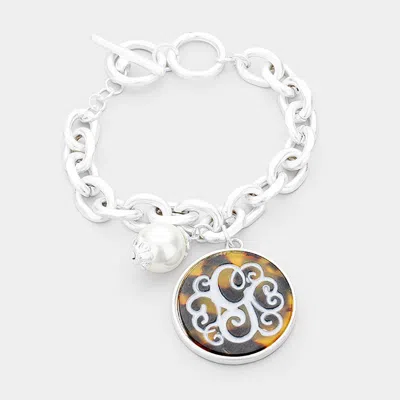 Fashnzfab -g- Initial Monogram Pearl Charm Chain Link Bracelet In Metallic