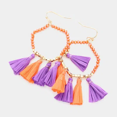 Fashnzfab Game Day Beaded Open Hexagon Raffia Tassel Link Dangle Earrings In Purple