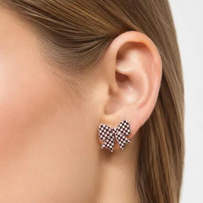 Fashnzfab Game Day Checkerboard Bow Stud Earrings In Brown