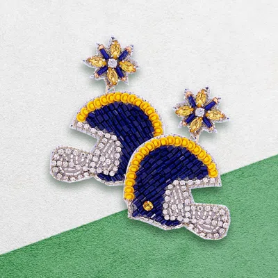 Fashnzfab Game Day Felt Back Stone Beaded Football Helmet Dangle Earrings - Navy, Yellow In Blue