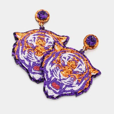 Fashnzfab Game Day Glittered Tiger Dangle Earrings - Multi In Purple