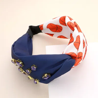 Fashnzfab Game Day Multi Stone Embellished Basketball Patterned Twisted Headband In Blue