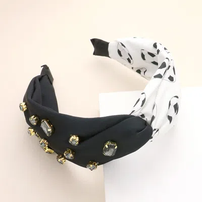 Fashnzfab Game Day Multi Stone Embellished Soccer Patterned Twisted Headband In Black