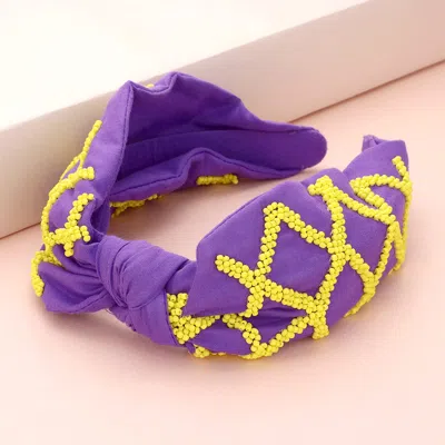 Fashnzfab Game Day Seed Beaded Check Patterned Knot Burnout Headband In Purple