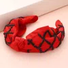 Fashnzfab Game Day Seed Beaded Check Patterned Knot Burnout Headband In Red
