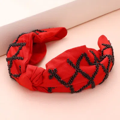 Fashnzfab Game Day Seed Beaded Check Patterned Knot Burnout Headband In Red