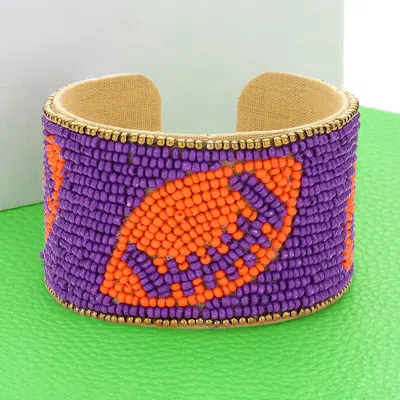 Fashnzfab Game Day Seed Beaded Football Accented Cuff Bracelet Orange, Purple In Multi