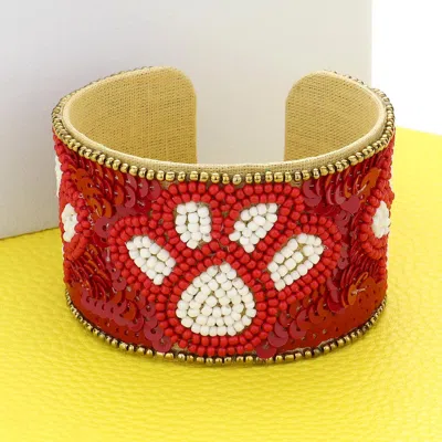 Fashnzfab Game Day Sequin Seed Beaded Paw Accented Cuff Bracelet Burgundy, White In Multi