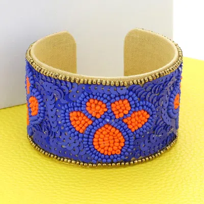 Fashnzfab Game Day Sequin Seed Beaded Paw Accented Cuff Bracelet Orange