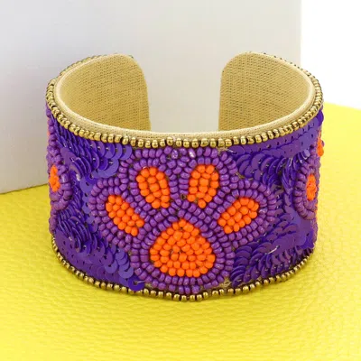Fashnzfab Game Day Sequin Seed Beaded Paw Accented Cuff Bracelet Orange, Purple In Multi